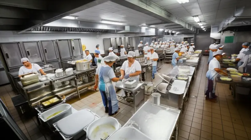 Cozinha escolar com equipamentos e cozinheiras preparando alimentos