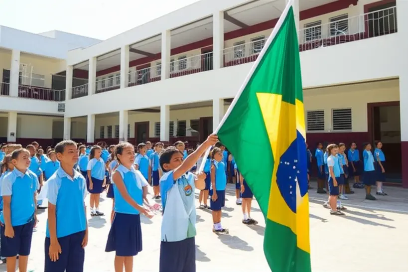 Crianças hasteando a Bandeira do Brasil em cerimônia escolar Crianças em idade escolar hasteando a Bandeira do Brasil durante uma cerimônia cívica