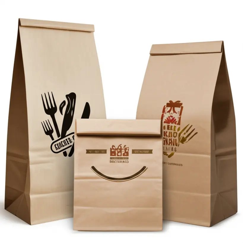 Sacos kraft personalizados com diferentes designs e logos de restaurantes, mostrando a versatilidade do material