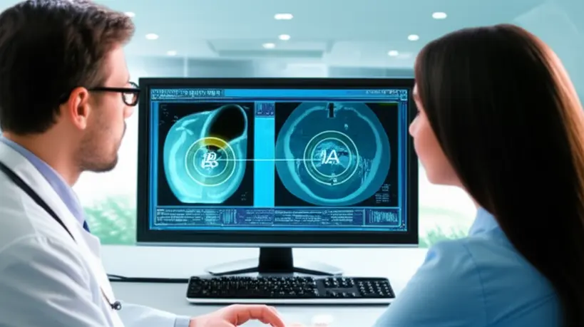 Médico e paciente analisando exames médicos em tela com IA destacando áreas