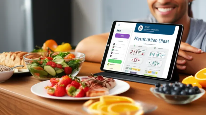 Mesa com alimentos saudáveis e um tablet exibindo um plano de dieta gerado por IA