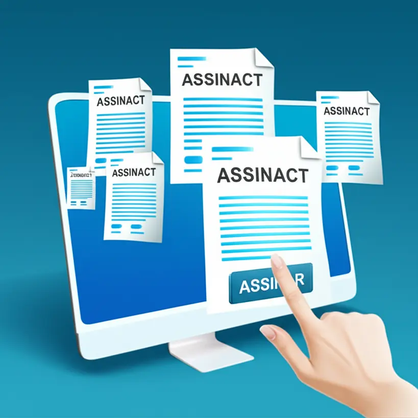 Mãos digitando em um teclado com documentos eletrônicos e símbolos de leis e contratos flutuando na tela