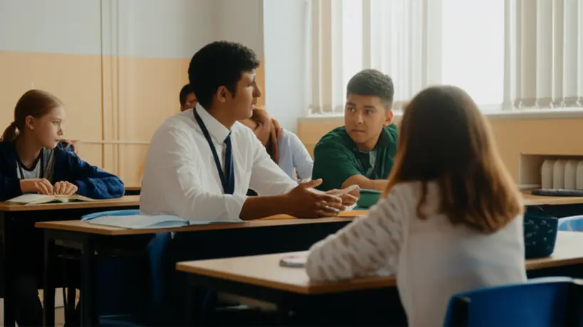 Um educador em pé, conversando de forma amigável com um grupo de alunos adolescentes sentados, em um ambiente escolar iluminado.