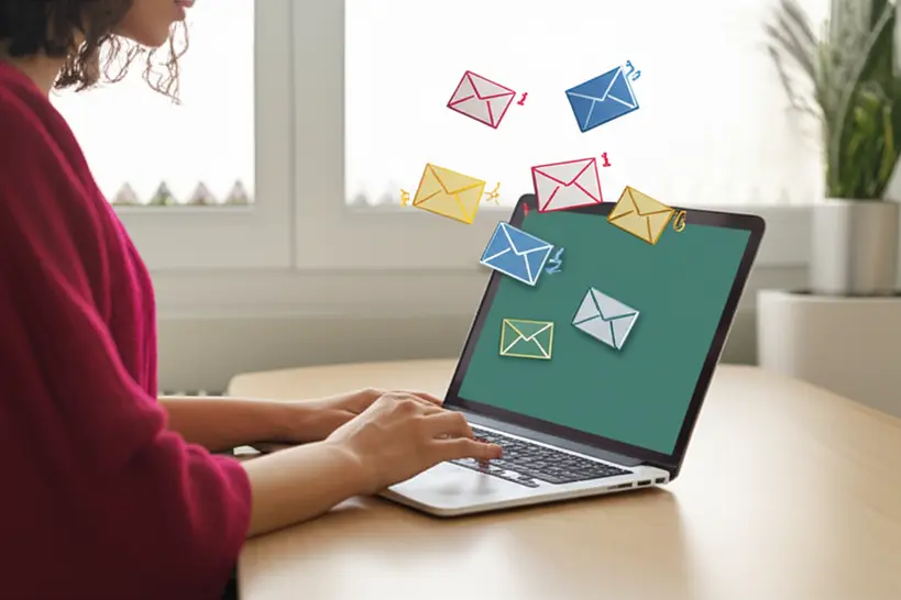 Mulher usando notebook para email marketing gratuito Mulher trabalhando em campanha de email marketing com plataforma gratuita no notebook