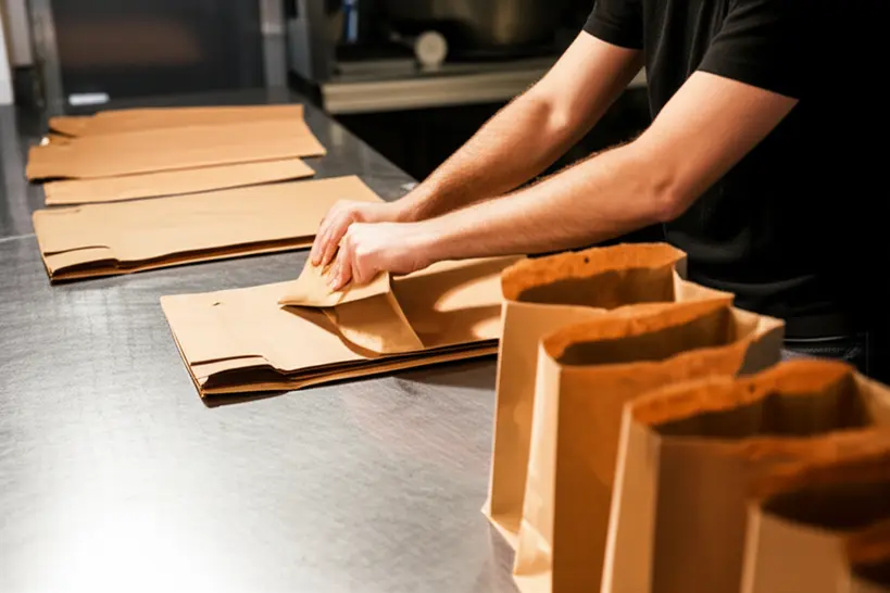 Mãos de um funcionário organizando embalagens de saco kraft para delivery em uma bancada de restaurante, com foco na eficiência