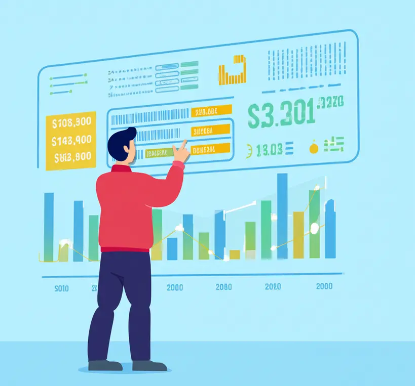 Empreendedor focado analisando gráficos e números em um tablet, com símbolos de finanças e tecnologia ao redor