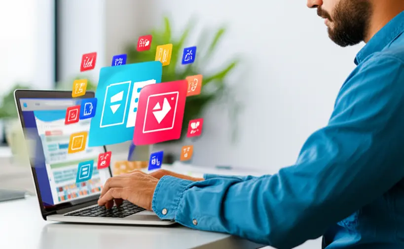 Empreendedor criando design digital Empreendedor focado criando um design digital em seu computador, utilizando uma plataforma intuitiva