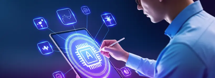 Empreendedor focado criando um logotipo em um tablet, com elementos de inteligencia artificial ao redor