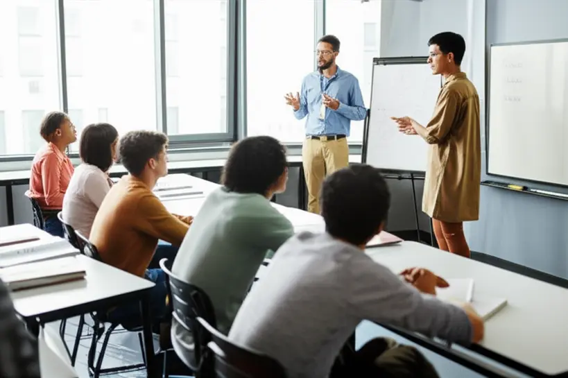Grupo de estudantes de diversas etnias e idades debatendo ativamente em uma sala de aula moderna, com um professor orientando a discussão sobre cidadania e história, em um ambiente de aprendizado colaborativo.