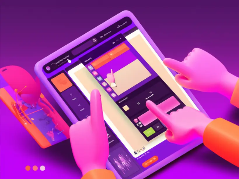 Interface estilizada de um editor de imagens online gratuito com ferramentas visíveis e mãos digitais interagindo