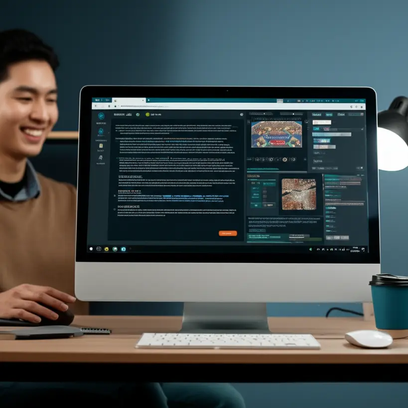 Ferramentas IA para Producao de Conteudo Mesa de trabalho com computador exibindo software de IA gerando texto e imagens