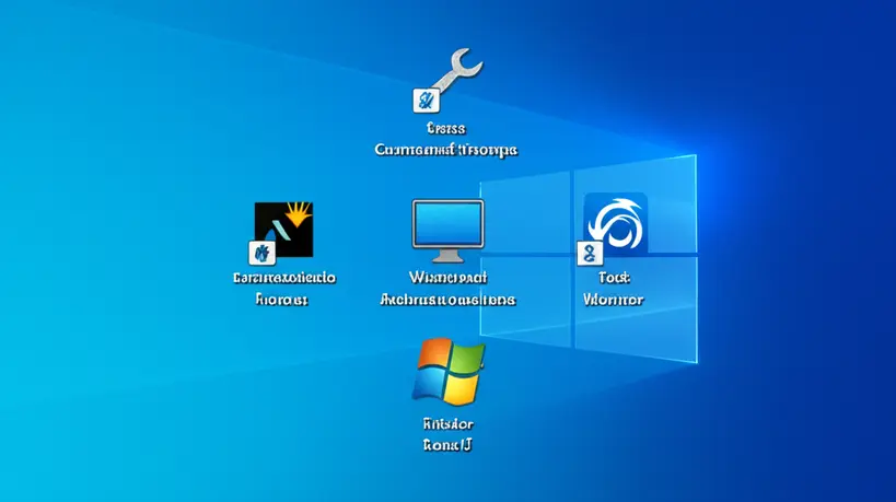 Ferramentas Nativas do Sistema Operacional Ilustração de ícones de ferramentas nativas de sistemas operacionais como Bloco de Notas, Calculadora e Ferramenta de Captura, com um brilho de descoberta.