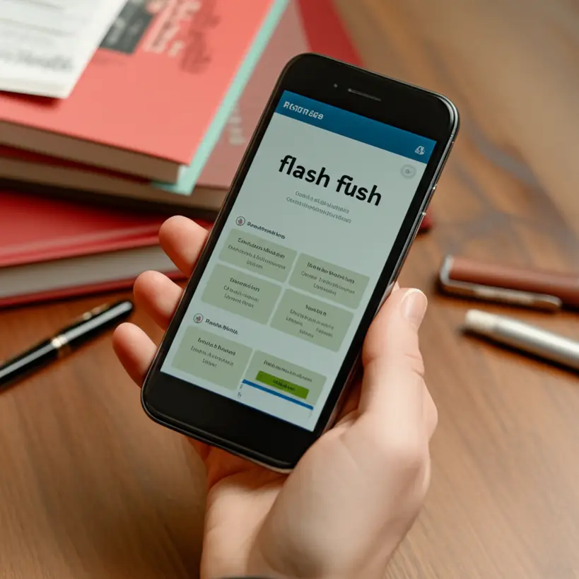 Mão segurando um smartphone com um aplicativo de flashcards de vocabulário aberto, como Anki ou Memrise, em um ambiente de estudo organizado.