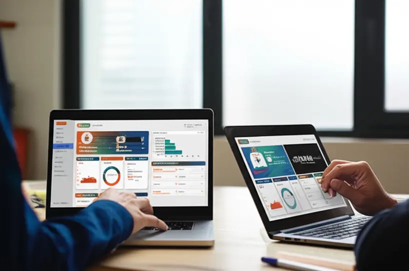 Um freelancer em um ambiente de coworking, utilizando seu laptop com várias janelas de aplicativos de automação de marketing e vendas abertas.