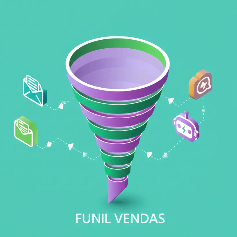 Ilustração de um funil de vendas com ícones de automação como email, CRM e chatbot, mostrando o fluxo de leads.