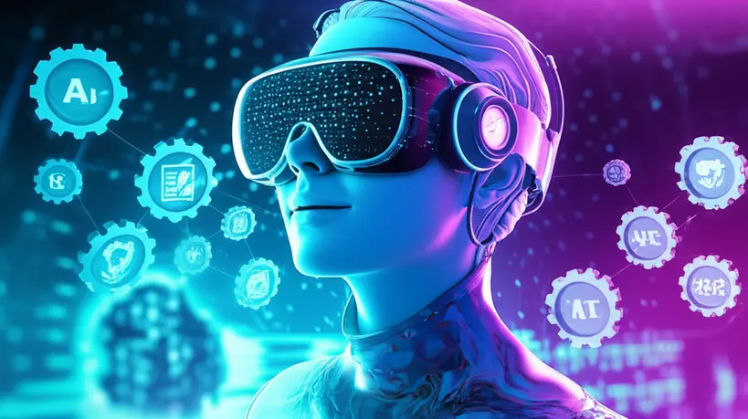Futuro do aprendizado de idiomas Uma pessoa usando óculos de realidade virtual em um ambiente futurista, com elementos gráficos de idiomas e tecnologia flutuando ao redor, simbolizando a inovação no aprendizado.