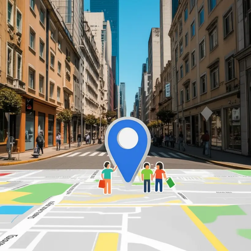 Mapa mostrando um negócio local com pin do Google Meu Negócio e clientes