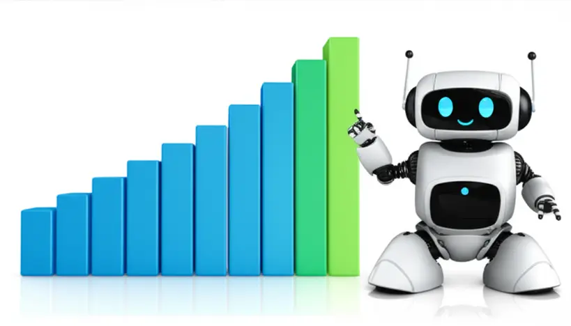 Um gráfico de barras ascendente mostrando o crescimento de leads e receita, com um robô amigável apontando para os resultados positivos da automação.