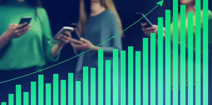 Gráficos de barras e linhas mostrando o crescimento do número de investidores no Brasil através de plataformas digitais