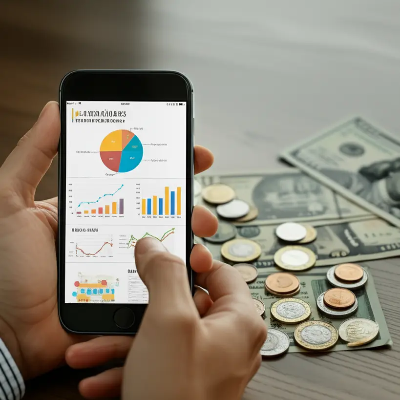 Uma mão segurando um smartphone exibindo gráficos e relatórios financeiros coloridos, com moedas e notas ao fundo