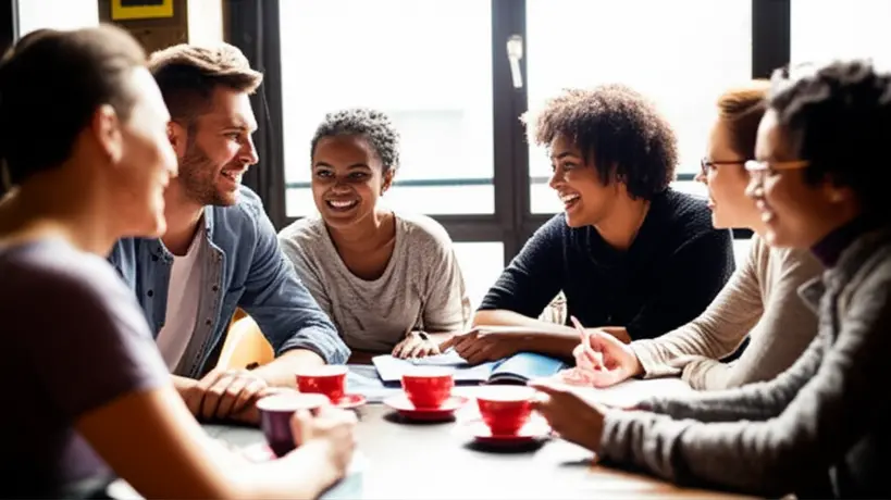 Jovens de diversas etnias conversando e rindo em um café, praticando um novo idioma
