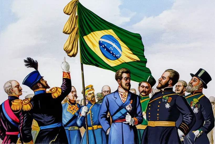 Ilustração da transição da bandeira imperial para a bandeira republicana, mostrando a evolução do símbolo nacional