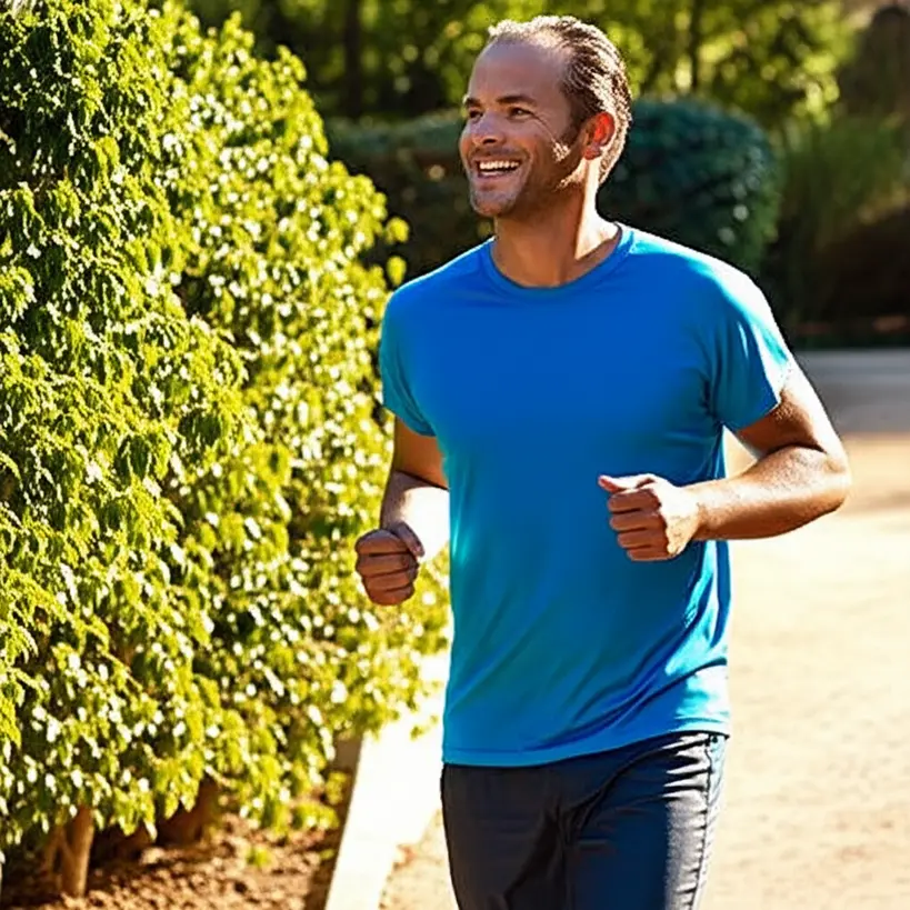 Homem praticando exercício ao ar livre Homem sorridente praticando corrida em um parque, simbolizando bem-estar e saúde física