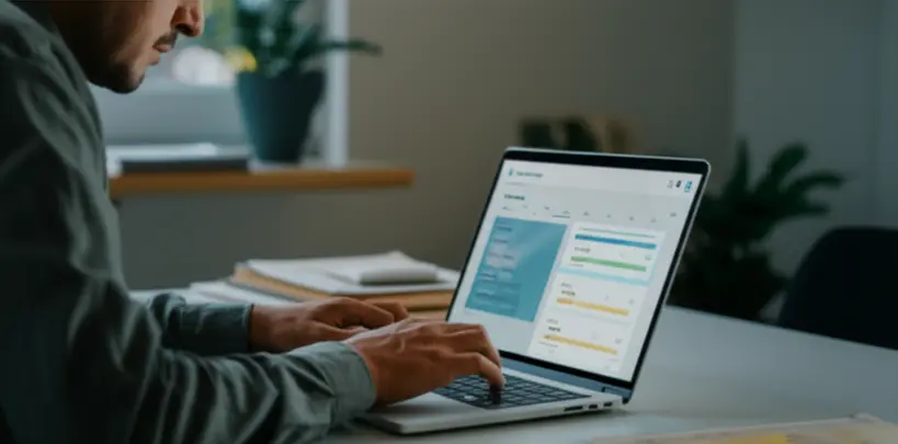 Homem concentrado usando um laptop, com um painel de gerenciamento de projetos baseado em IA exibido na tela, mostrando tarefas e prazos