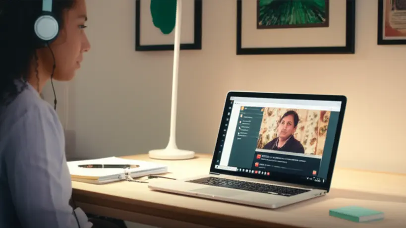 Pessoa concentrada usando fones de ouvido, assistindo a um vídeo em outro idioma em um laptop, com legendas ativadas e um caderno de anotações ao lado.