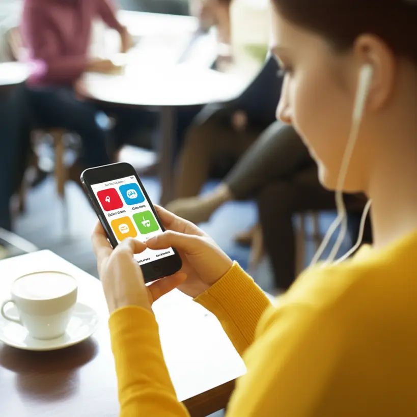 Jovem usando celular para aprender idiomas Jovem sorrindo enquanto usa um smartphone para aprender um novo idioma, com ícones de aplicativos de idiomas flutuando ao redor.