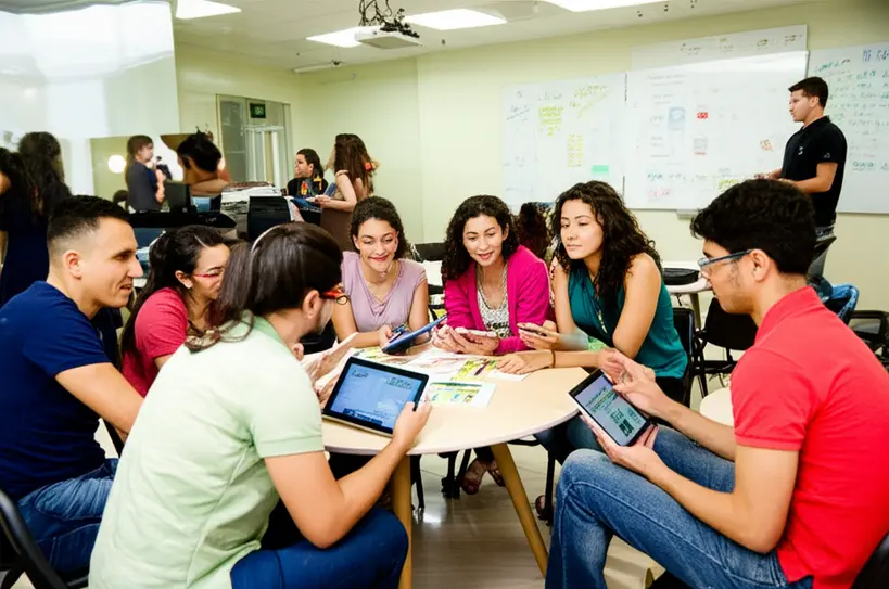 Grupo diversificado de jovens brasileiros participando ativamente de um debate sobre civismo e democracia
