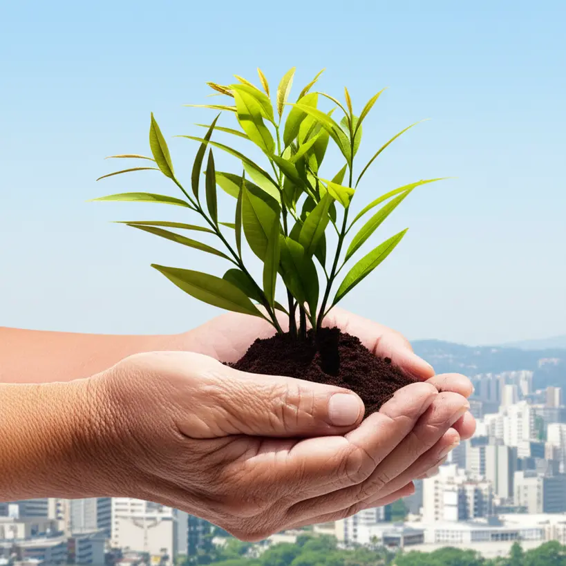 Mãos de diferentes gerações segurando uma muda de árvore, simbolizando a construção do futuro e o legado da cidadania