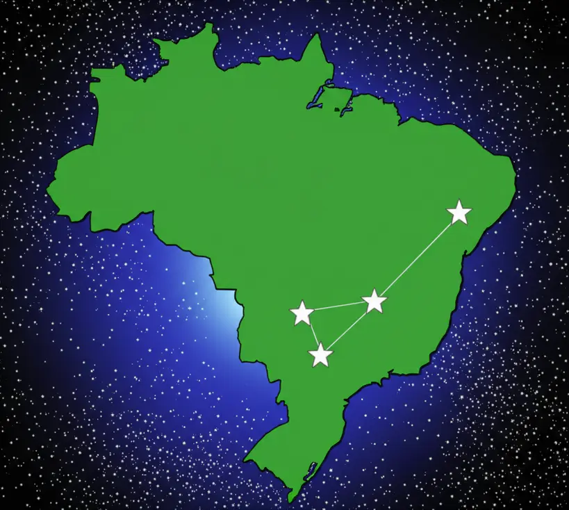 Representação artística do mapa do Brasil com as estrelas da bandeira Ilustração do mapa do Brasil com as estrelas da Bandeira Nacional, destacando o Cruzeiro do Sul