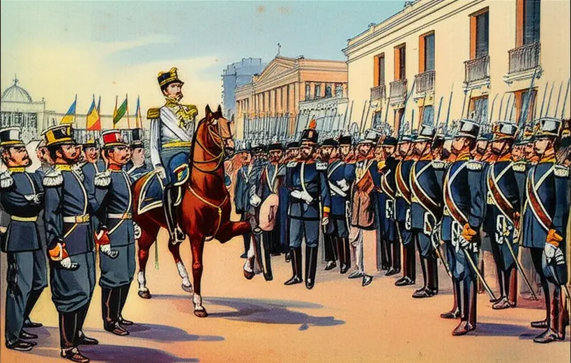 Ilustração histórica de Marechal Deodoro da Fonseca no Campo de Santana, Rio de Janeiro, em 15 de novembro de 1889, com militares e civis ao redor, simbolizando a Proclamação da República.