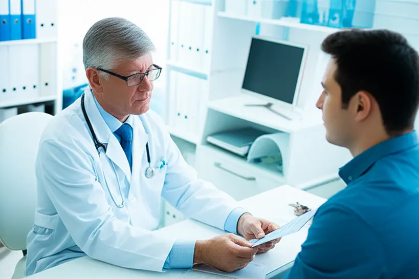 Médico e paciente em consultório discutindo resultados de exames de próstata