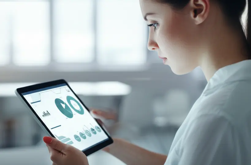 Mulher jovem focada analisando gráficos de finanças em um tablet