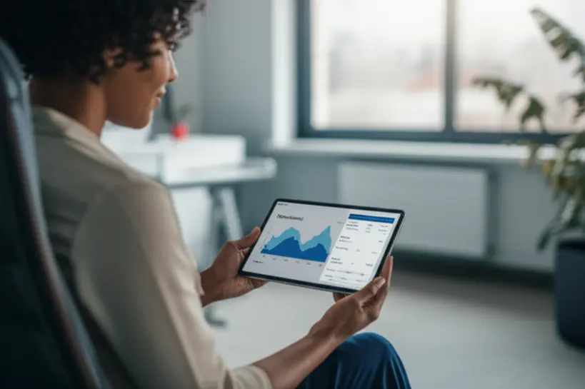 Mulher focada olhando para um tablet com um aplicativo de finanças aberto, mostrando gráficos de investimento e opções de portfólio
