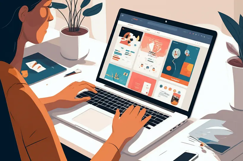 Mulher sorrindo usando um laptop para criar um design com templates em uma plataforma online