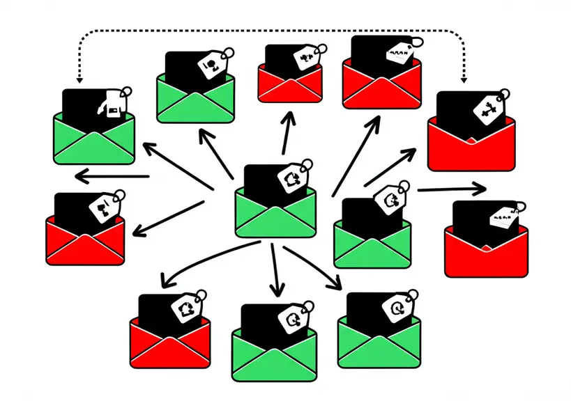 Organização de E-mail com Filtros Ilustração de uma caixa de entrada de e-mail organizada, com setas indicando e-mails sendo automaticamente filtrados para pastas específicas, simbolizando eficiência.