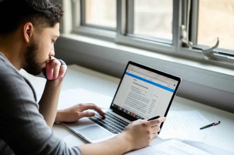 Pessoa concentrada trabalhando em uma mesa de escritório com laptop e anotações