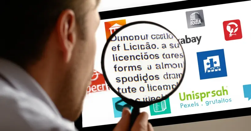 Pessoa examinando termos de licença em um computador Foto realista de uma pessoa com lupa examinando termos de licença em uma tela de computador