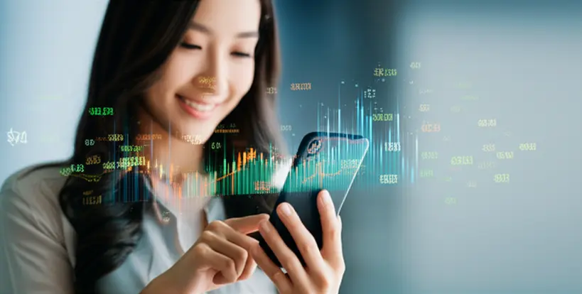 Uma pessoa sorrindo enquanto usa um aplicativo de finanças no celular, com gráficos e números digitais ao fundo