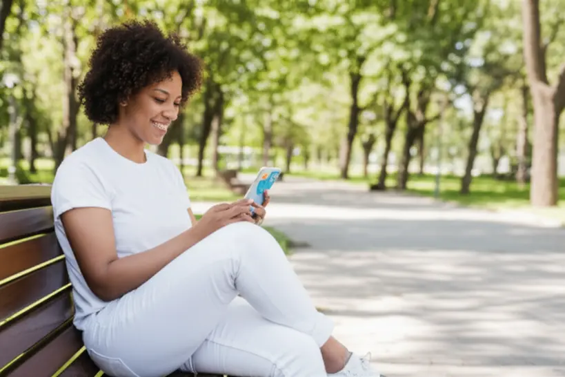 Pessoa sorrindo usando um aplicativo de idiomas no celular em um parque