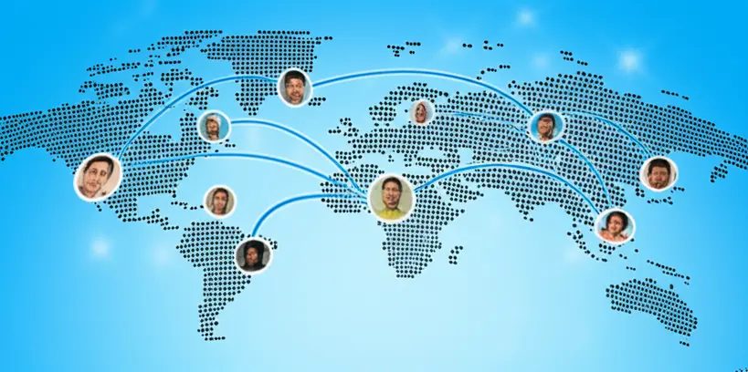 Pessoas conectadas aprendendo idiomas Representação de diversas pessoas de diferentes nacionalidades conectadas por linhas digitais, simbolizando o aprendizado de idiomas online e a troca cultural.