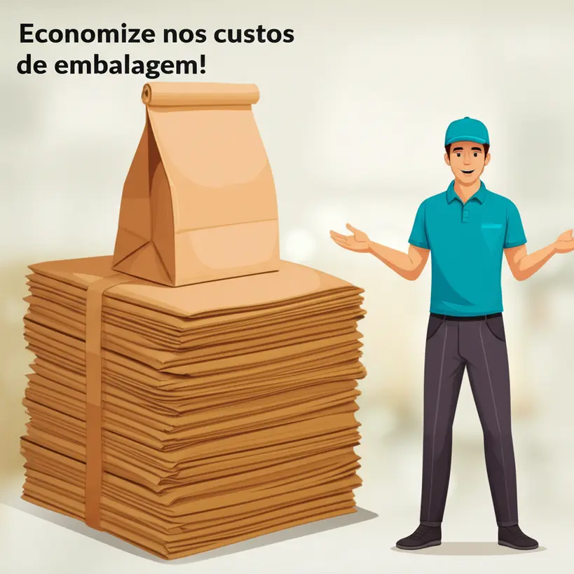 Pilha de sacos Kraft e entregador sorrindo, simbolizando economia