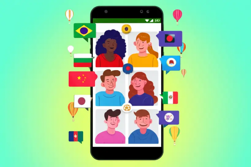 Grupo de pessoas de diferentes nacionalidades conversando e rindo em um aplicativo de troca de idiomas em um smartphone, simbolizando a prática de conversação.