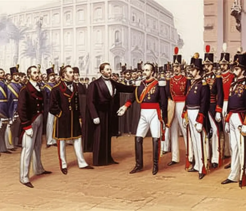 Cena histórica da Proclamação da República em 1889, com militares e civis em trajes da época