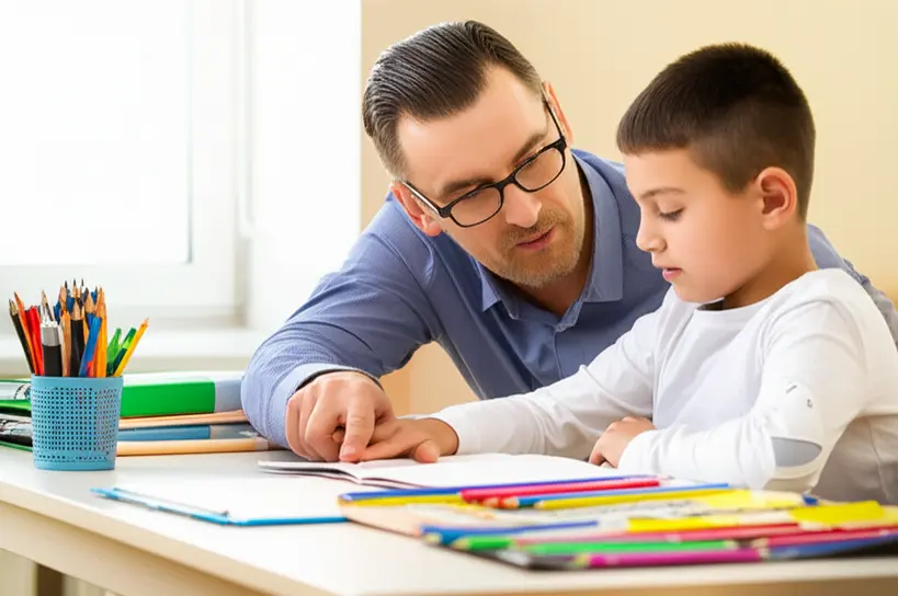 Professor ajudando aluno com tarefa em ambiente escolar