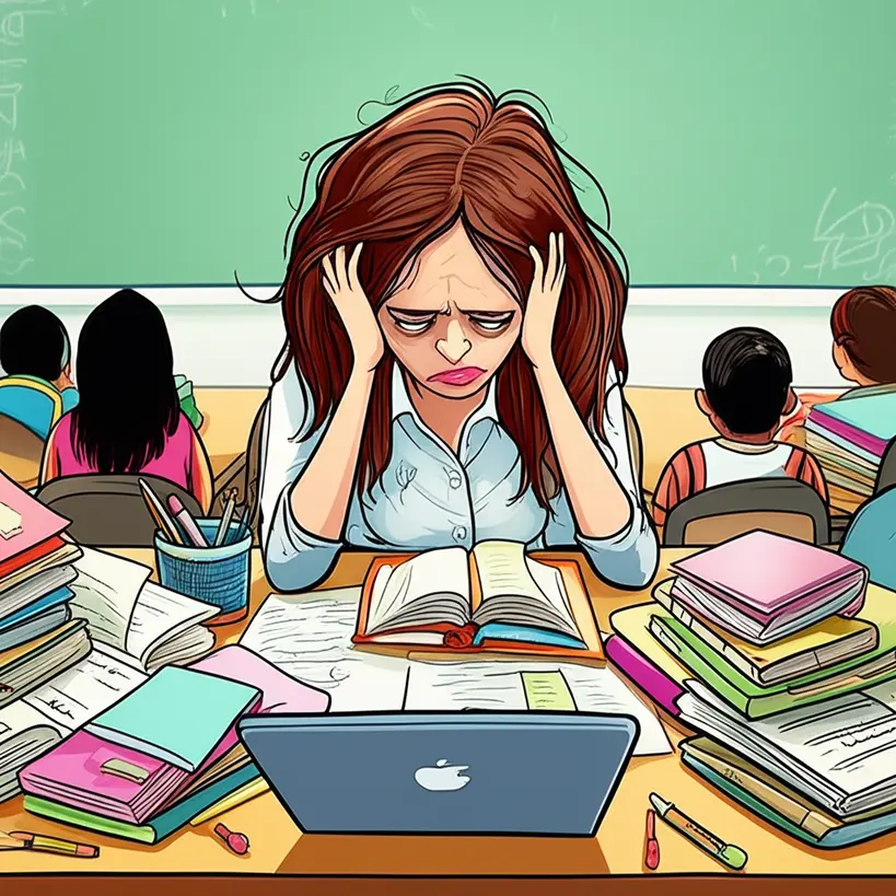 Professora sobrecarregada com documentos e alunos