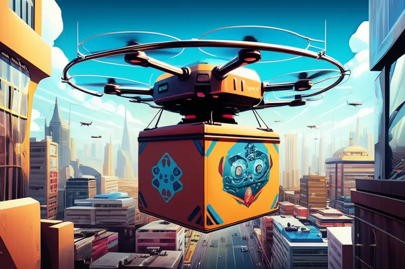 Saco Kraft de delivery personalizado sendo transportado por um drone em um cenário urbano futurista, simbolizando inovação.